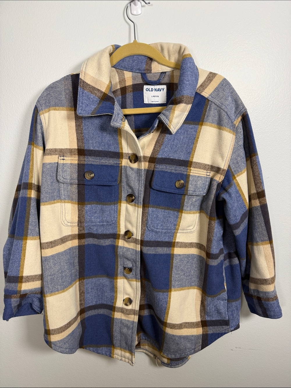 Old Navy Blue, Cream & Brown Plaid Button-Up Flannel Large Petite